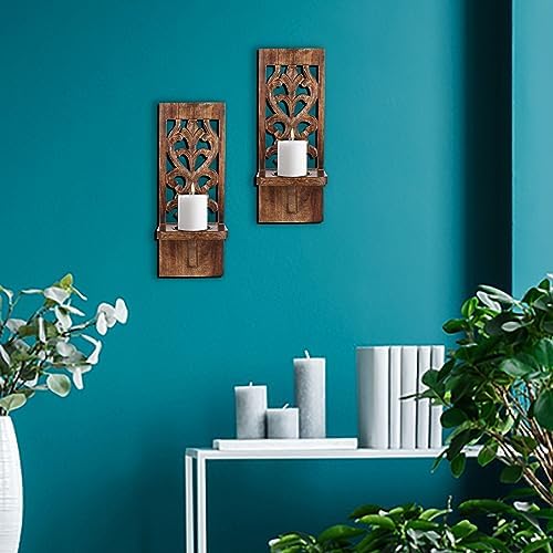 Burnt Wood Wall Sconces Set of 2 - Wall Mounted Pillar Candle Holders for Christmas Decoration, Rustic Wooden Scones, 16 Inch Wall Décor for Living Room & Bedroom - Image 5