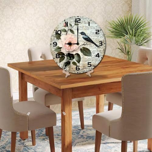 Love Birds Roses Flowers Wooden Silent Non-Ticking 10 Inch Round Clocks Battery Operated Analog for Living Room Kitchen Bedroom Bathroom Office Home School Decor