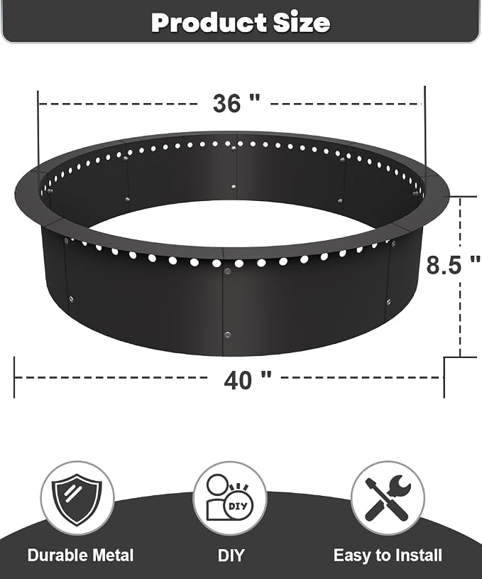 36 Inch Smokeless Fire Pit Ring Insert Outdoor, Heavy Duty Metal Steel DIY Firepit Rim Liner Round Campfire Rings for Outside Wood Burning Above or In-Ground, Black