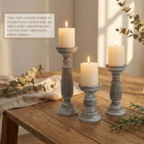BANOMII Rustic Wooden Pillar Candle Holders Set of 3, 12'' 9'' 6'' Farmhouse Wood Candle Stand for Table Centerpieces, Vintage Tall Candleholders Fireplace Mantel Decor for Living Room, Grey - Image 5