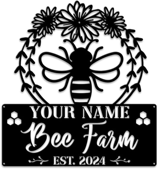 MeMate Bee Farm Flowers Sign, Custom Name Sign Metal for Bee Lovers, Garden Sign to Personalize, Bee Garden Art Decorations, Personalized Bee Sign, 8-24 inches Large Metal Sign, Gift for Beekeeper