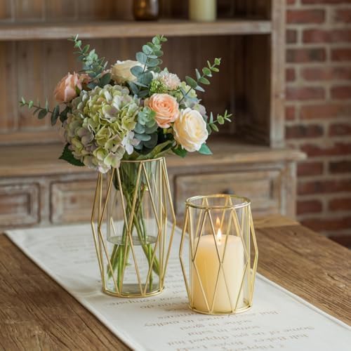 NUPTIO Gold Geometric Hurricane Glass Candle Holders, Set of 2 by Nuptio