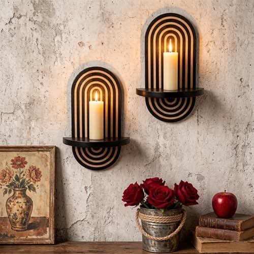 Black Arch Candle Sconces Set of 2, Wooden Wall Mounted Candle Holders for Pillar Candles & Tealight Candles, Boho Farmhouse Wall Decor for Hallway Fireplace Bedroom Living Room - Image 2
