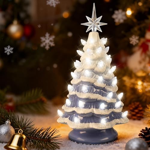 Sunlit Cordless Lighted Ceramic Christmas Tree Vintage Tabletop Christmas Decoration Pre-Lit Colorful Mini Light Bulbs 13" Traditional AA Battery Operated LED - Ombre Blue - Image 6