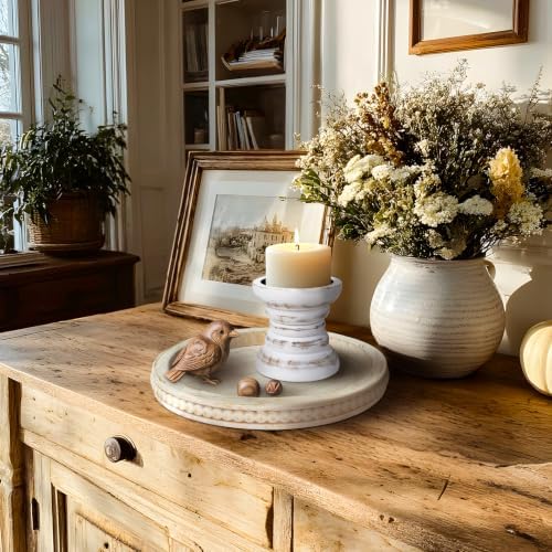 Pillar Candle Holder, 8 Inch Farmhouse Wood Candle Holder, Rustic Wooden Candle Stand, Vintage Small Wooden Candlestick Holders for Living Room, Table Centerpiece, Vintage White(4PCS) - Image 5