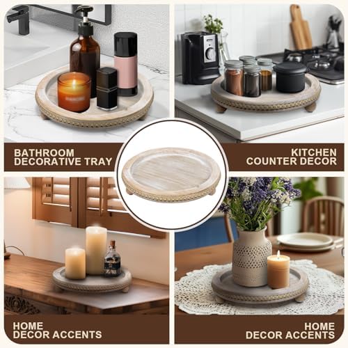Wood Round Tray for Wooden Coffee Table Decor, Wood Raise Candle Tray Holder Plate,Farmhouse Small Decorative Trays Beade, Rustic Serving Tray for Kitchen Table, Home Decor, Living Room, Brown - Image 6