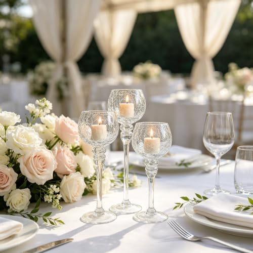 Hosley Set of 3 Crackle Clear Glass Tealight Holders -12 Inch, 10 Inch, 9 Inch Ideal for Weddings Special Events Parties - Image 7