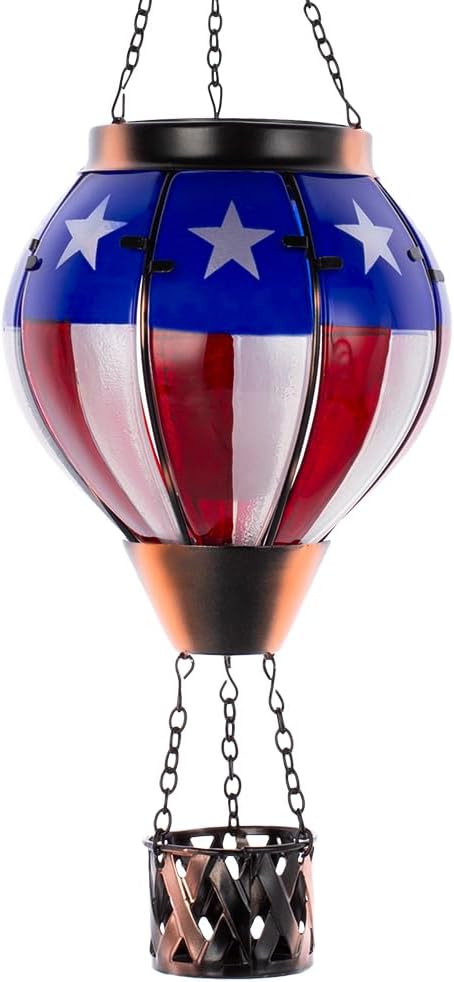 Hot Air Balloon Outdoor Lantern with Flickering Flame, Handmade Glass Solar Lantern with Flag Pattern Waterproof Lantern Lamp for Patio, Garden, Porch | Handmade Glass Outdoor Lantern, Flickering Flame, Waterproof Lantern Lamp for Patio, Garden, Porch,...