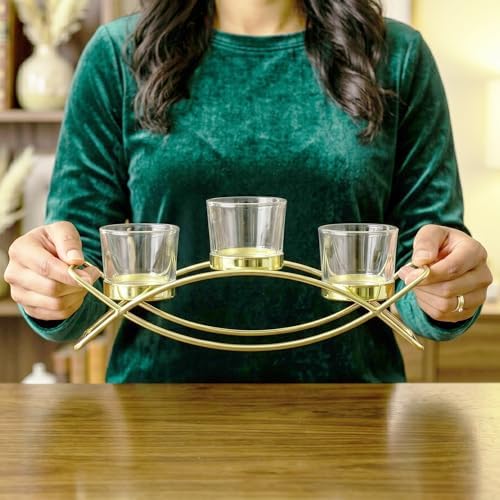 Seraphic Iron Arch Table Centerpiece Decorations Long Candle Holder for Weddings, Patio, Kitchen, Dining Room, and Coffee Tables, Gold, Clear Chunky 3 Cups - Image 3