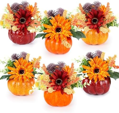 Set of 6 Mini Fall Pumpkin with Artificial Flower Decorations Thanksgiving Sunflower Centerpieces for Tables Harvest Fall Table Floral Decor Autumn Fireplace Mantle Living Room Home Kitchen Party by Unknown