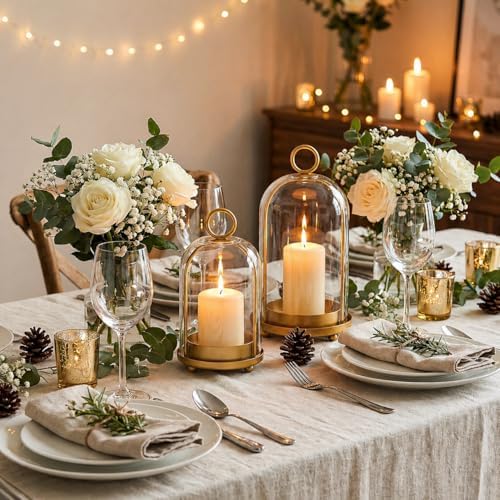 Glass Dome Candle Holders Set of 2, Antique Brass Metal Pillar Candle Holder, Hanging or Tabletop Hurricane Candle Holder for Home Decor, Farmhouse & Centerpiece (5.2” & 4.1”) by Unknown