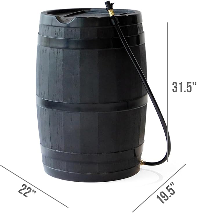 FCMP Outdoor RC45 45-Gallon Rain Barrel, Flat-Back Gutter Downspout Collector, Black - Includes 3.5-ft Hose, Shut-Off Valve & Debris Screen for Garden Rainwater Harvesting
