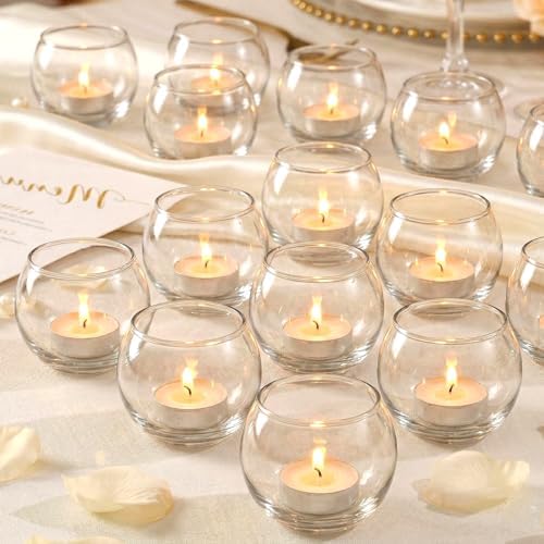 24 Pcs Clear Candle Holders for Table Centerpieces- Small Glass Votive Candle Holders for Standard Tealights, Wedding, Bridal Shower, Birthday Party Table Decorations by LAMORGIFT