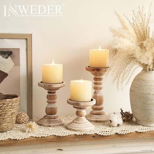 Wood Pillar Candle Holder: Rustic Distressed White Candle Stand - Image 2