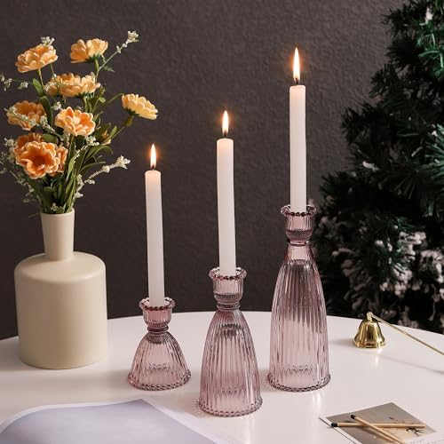 Vertical Stripe Candlestick Holders Set of 3, Premium Glass Candle Holders for Candlesticks and Taper Candles, Vintage Candle Holder Decor for Table Centerpiece, Pink - Image 5