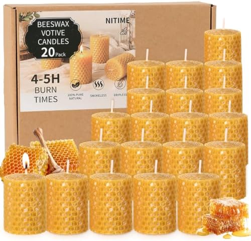 NITIME 20 Pack Beeswax Votive Candles, 100% Natural Hand-Rolled Beeswax Candles, 1.7" x 2" Small Pillar Candles for Home, Yoga, Meditation, Long-Lasting 4-5 Hour Burn Time, Eco-Friendly & Smokeless by NITIME