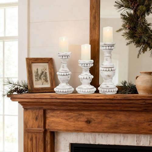Farmhouse Large Candle Holders for Pillar Candles, Rustic Wooden Beaded Candle Holder, Perfect for Table Centerpieces, Coffee Table or Fireplace Mantel, 3 Piece Set (White) - Image 5