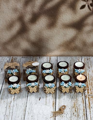 Ju's Favors 10 Piece Wooden Butterfly Tealight Candle Holder,Baby Shower Favor for Guests, Return Gifts, Baby Boy Gender Reveal Gifts, Christening Party Gift for Guests.(Dark brown-blue) - Image 3