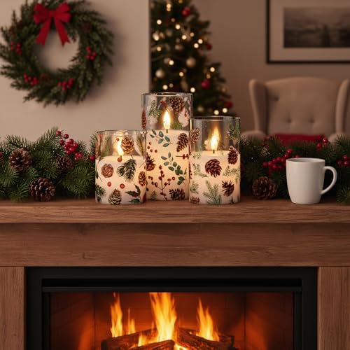Christmas Pinecone LED Glass Flameless Candles Battery Operated Remote - Image 5