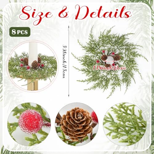 8 PCS Christmas Pine Taper Candle Rings Wreaths 1.38" Mini Norfolk Pine Taper Candle Holder Wreaths Candle Rings with Berry Pinecones for Xmas Holiday Church Home Table Centerpiece Candlesticks Decor - Image 4