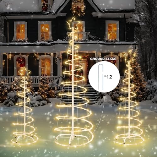 3 Packs Christmas Spiral Tree with Lights, 3/4/5 FT Lighted Xmas Collapsible Tree with Metal Stakes for Indoor & Outdoor, Yard, Porch, Garden Holiday Decor (Warm White, 3-4-5 FT) - Image 3