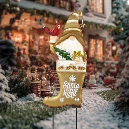 TERESA'S COLLECTIONS Christmas Gnome Garden Stake, Metal Outdoor Christmas Decorations with Solar Light, Christmas Yard Stakes Welcome Signs for Home, Patio Lawn Porch Holiday Party Gifts, 36" - Image 3
