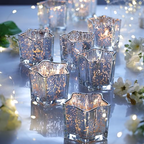 Letine 8pcs Silver Star-Shaped Candle Holders, Tea Light & Votive Candle Holders for Diwali, Wedding, Fall Table Centerpiece, Celestial Glow Jar, Lucky Star Jar & Holiday Decorations (2.44" H) by LETINE