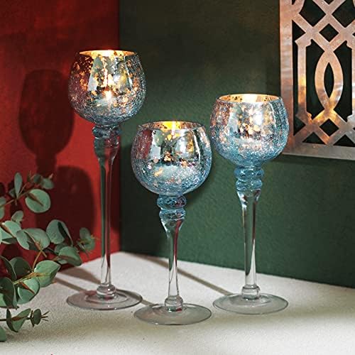 Hosley Elevate Ambiance with Set of 3 Crackle Blue Glass Tealight Holders 12 Inch, 10 Inch, 9 Inch Stylish Home Decor for Unique Candle Displays - Image 3