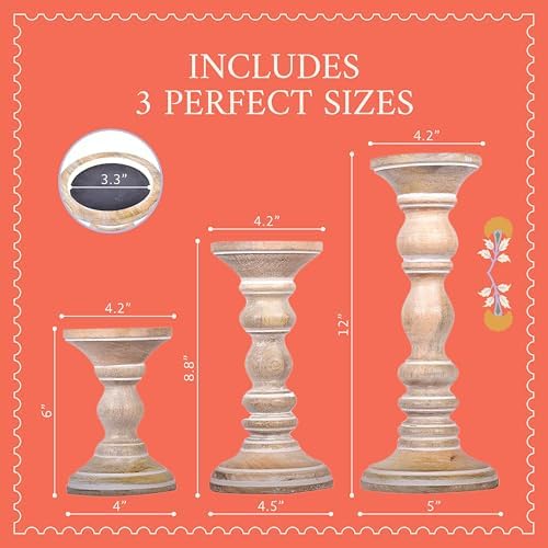 Mela Artisans Mango Wood Candle Holders - Whitewash Finish, Set of 3 - Image 2