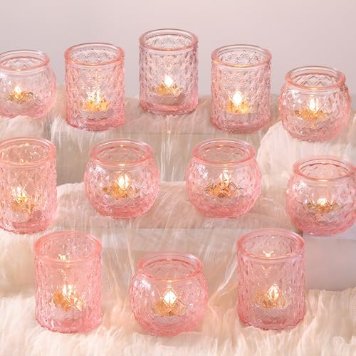 DARJEN 12Pcs Pink Votive Candle Holders- Glass Candle Holders Bulk for Flameless Tea Waxes, Romantic Candle Holder for Wedding & Parties, Home Table Decor by DARJEN