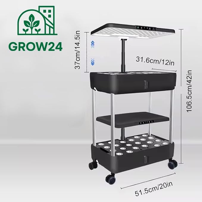 Indoor Hydroponic Garden System, 3-Tier Mobile Growing Cart with LED Lights, Adjustable Shelves, Black (2 Tiers_White)