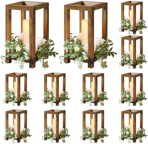 12Pcs Wooden Lanterns Wedding Centerpiece for Decorative, Rustic Candle Holder Decorative for Wedding Party, Flameless Candle Lantern for Valentine Wedding Table Decor by Gloserin