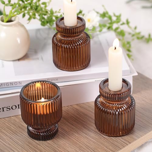DARJEN 6 Pcs Amber Candlestick Holders - Glass Taper Candle Holders Tealight Votive Candle Holders for Table Centerpieces, Wedding, Dinner Party, Home, Gifts - Image 5