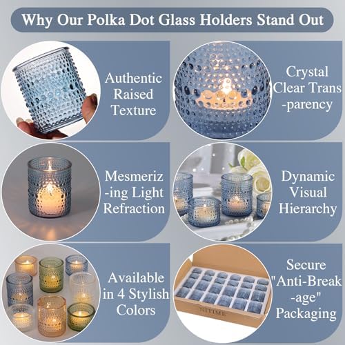 NITIME Blue Glass Votive Candle Holders Set of 24, Assorted Heights Polka Dot Tealight Candle Holders for Table Centerpiece, Blue Candle Holder Decor for Wedding, Baby Shower Party & Spa - Image 6