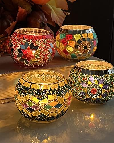 SHMILMH Glass Candle Holder Set of 4, Diwali Gift Votive Candle Holders Handmade Mosaic Glass Tealight Holders Diwali Christmas Table Decorations for Home by SHMILMH