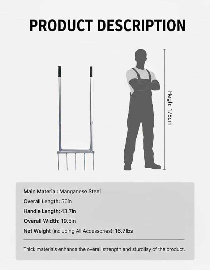 56 Inch 5-Tine Heavy Duty Broadfork, Rust-Resistant Professional Garden Fork with Widened Foot Pedal, High-Strength All-Steel Soil Tiller for Aerating Clay Soil for Farming