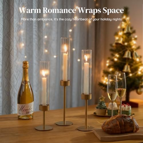 Glasseam Gold Hurricane Taper Candle Holders, 3 Pcs Candlestick with Glass - Image 4