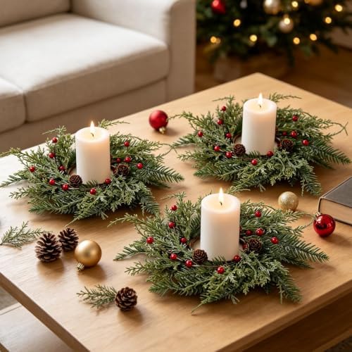 6 PCS Christmas Wreath Candle Rings Wreaths Mini Cedar Candle Holder Rings Artificial Frosted Greenery Cabinet Wreath for Pillar Candles Xmas Farmhouse Home Table Centerpiece Door Mantel Wall Decor - Image 7