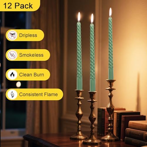 Tobeape 10" Sage Green Spiral Taper Candles 12 Pack, Unscented & Dripless - Image 4