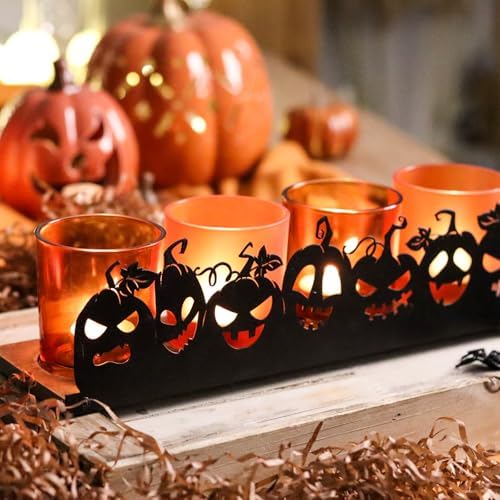 Jack o Lantern Halloween Candle Holder Set, 4 Orange Glass Votive Holders with Metal Pumpkin Charms & Wooden Tray, Spooky Indoor/Outdoor Halloween Decor for Parties, Mantel, Tables - Image 2