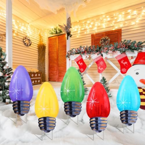 5 Pcs Christmas Decorations Outdoor Light Bulb Metal Yard Signs - Image 4