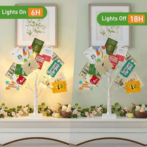 EAMBRITE Money Tree Gift Holder, Gift Card Tree 2FT 24LED, Lighted Birch Trees Battery/USB Powered Timer Photo Display with 24 Clips and 12 Cards for Home Graduation Christmas Picture Memo 2 Pack - Image 3