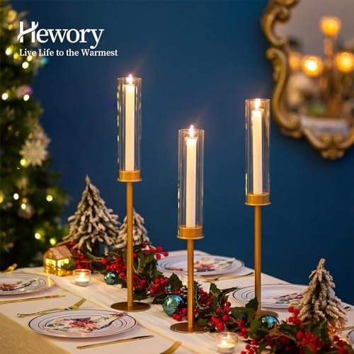 Hewory Gold Candlestick Holders: 3PCS Glass Hurricane with Tall Brass Base - Image 2