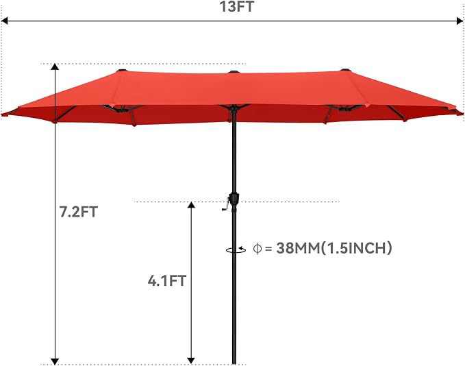 GREEN PARTY 13ft Rectangle Patio Umbrella, Double Sided Outdoor Table Umbrella with Crank & 1.5" Pole, Large Market Umbrella for Poolside Garden Deck Backyard, Orange Red