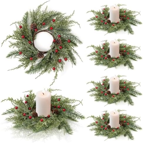 6 PCS Christmas Wreath Candle Rings Wreaths Mini Cedar Candle Holder Rings Artificial Frosted Greenery Cabinet Wreath for Pillar Candles Xmas Farmhouse Home Table Centerpiece Door Mantel Wall Decor by Unknown