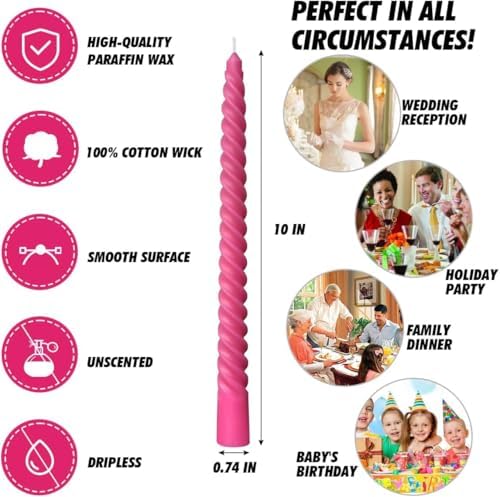 20 Pack 10 Inch Hot-Pink Spiral Taper Candles for Christmas and Holiday Home Decoration, Unscented Dripless Twisted Candlesticks for Dinner Party Wedding Valentine's Day - Image 7