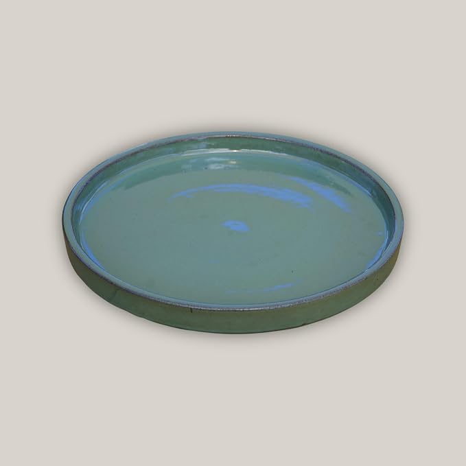 17.5 Inch Plant Saucer (Ceramic) - Round Green Cream Flower Pot Tray - Handcrafted, Durable Planter Base