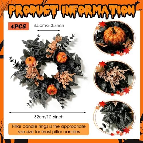 4 PCS Halloween Candle Rings Wreaths Artificial 3.5 Inch Black Maple Leaves Glitter Orange Pumpkin Candle Rings Mini Wreath for Pillar Candle Halloween Party Home Table Indoor Outdoor Decorations - Image 4