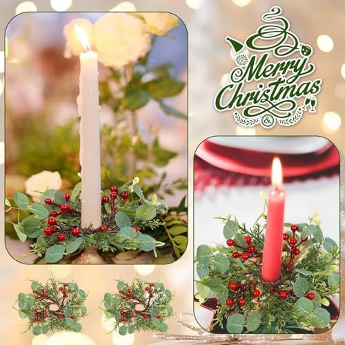 6 PCS Christmas Pine Taper Candle Rings Wreaths 1.38" Mini Norfolk Cedar Taper Candle Holder Wreaths Candle Rings with Berry for Xmas Winter Holiday Church Home Table Centerpiece Candlesticks Decor - Image 7