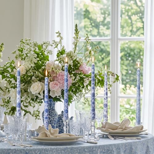 Conelist 6pcs Blue White Floral Taper Candle 9.8" Chinoiserie Candlestick - Image 6